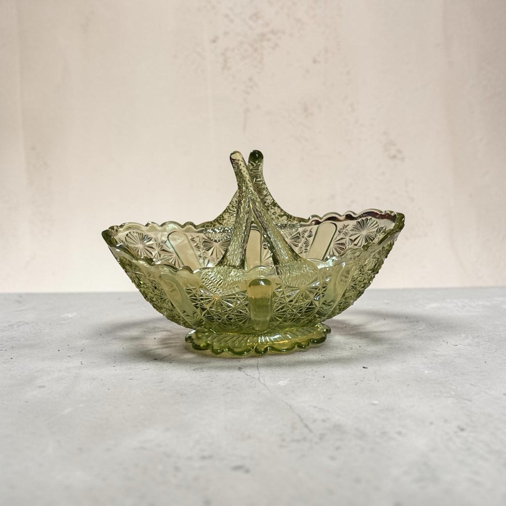 Fenton Art Glass Colonial Green Daisy and Button Split Twig Handle Glass Basket
